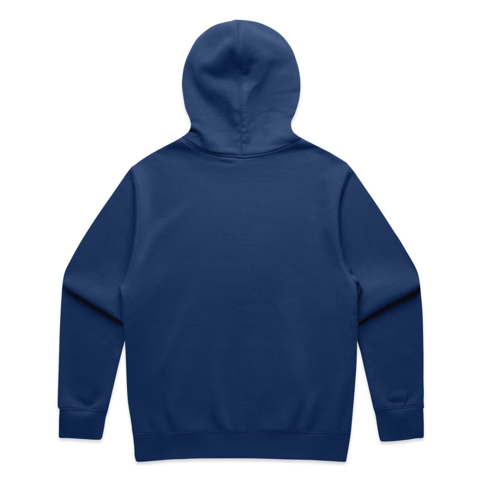 A navy hoodie featuring a spacious back design and a hood. It includes a logo detail.