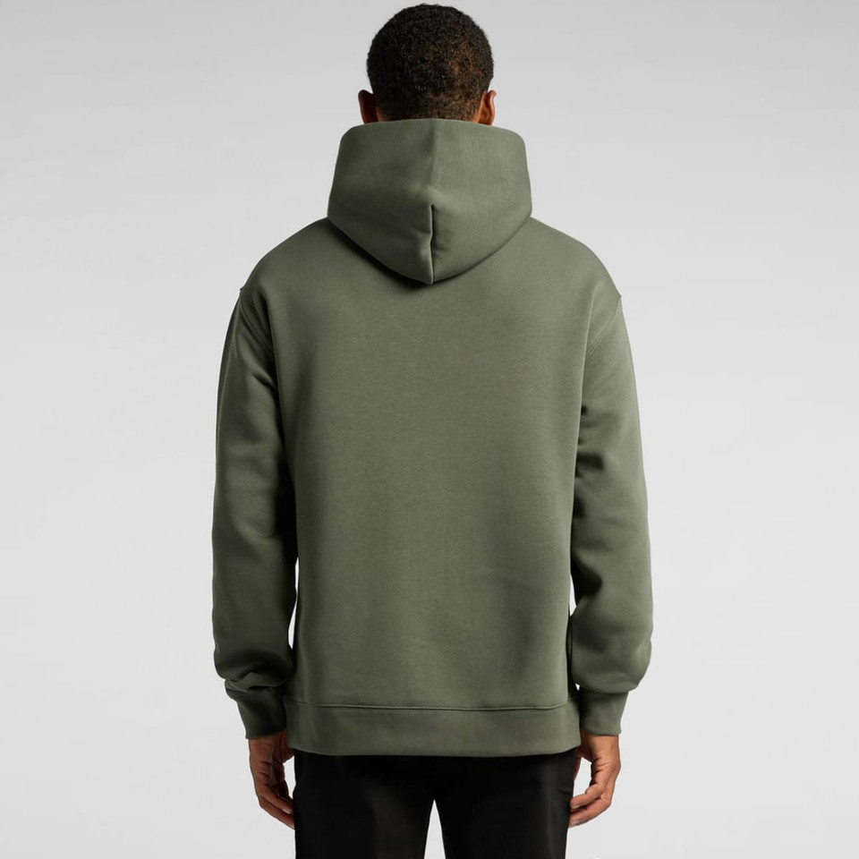 A green hoodie with a large hood, featuring a simple design and a relaxed fit, shown from the back.