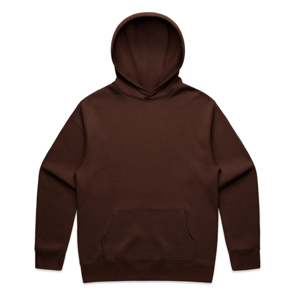 A brown hoodie featuring a hood and a front pocket, with a simple design and no visible branding.
