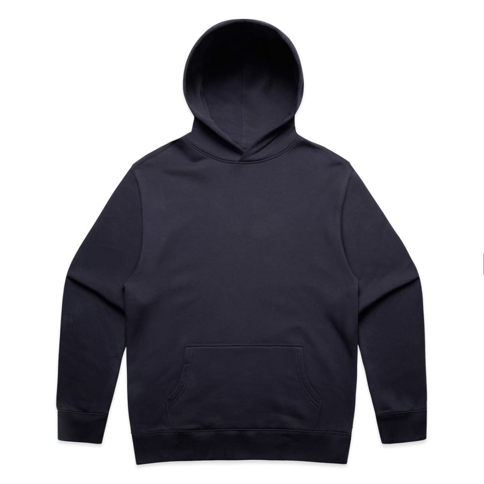 A navy blue hoodie featuring a large front pocket and a hood. The garment has a simple design and includes a logo.