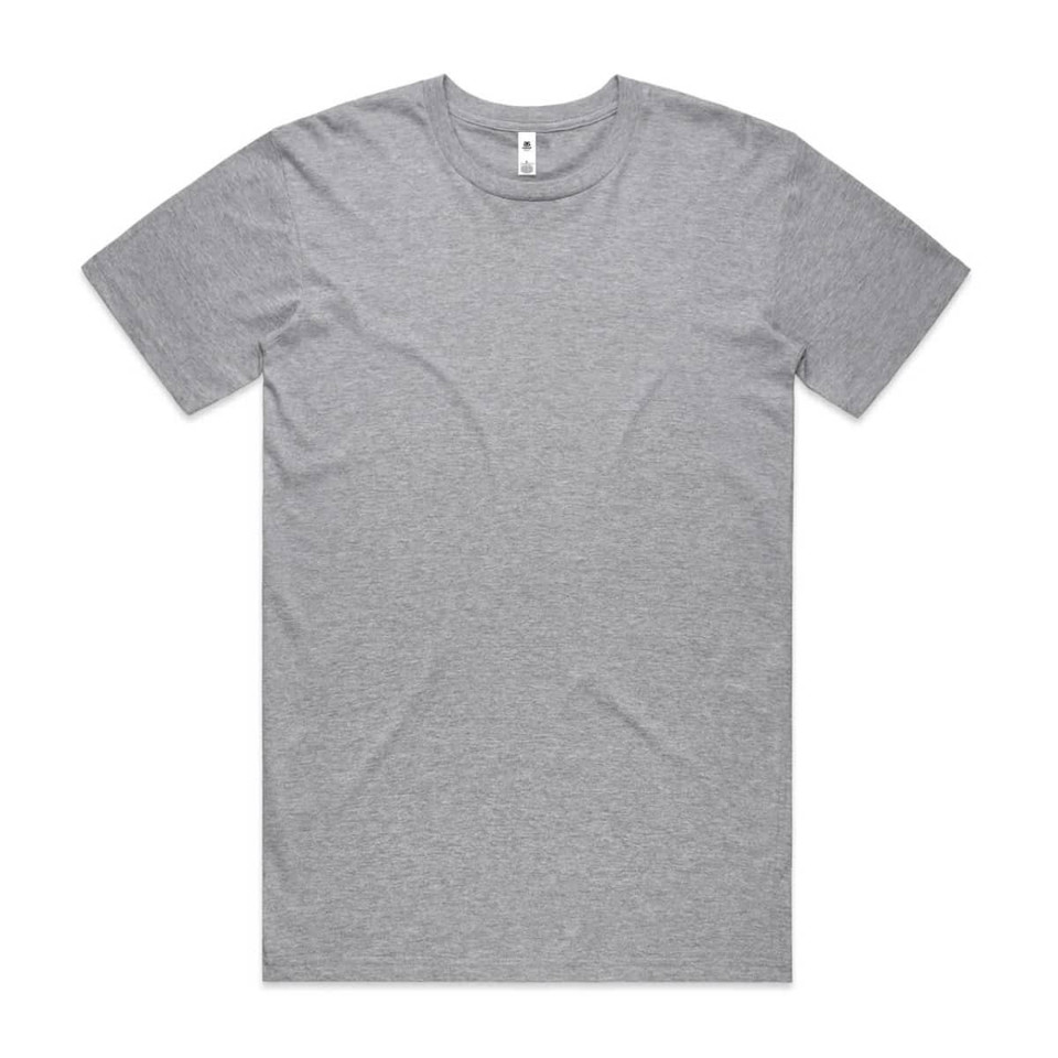 A grey basic t-shirt with a round neckline and short sleeves, featuring a logo near the collar.