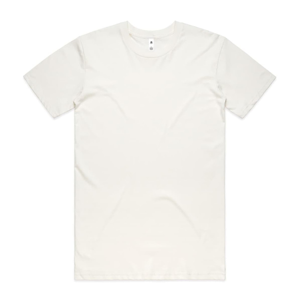 A plain cream basic tee, featuring a round neck and short sleeves, with a small logo on the label.