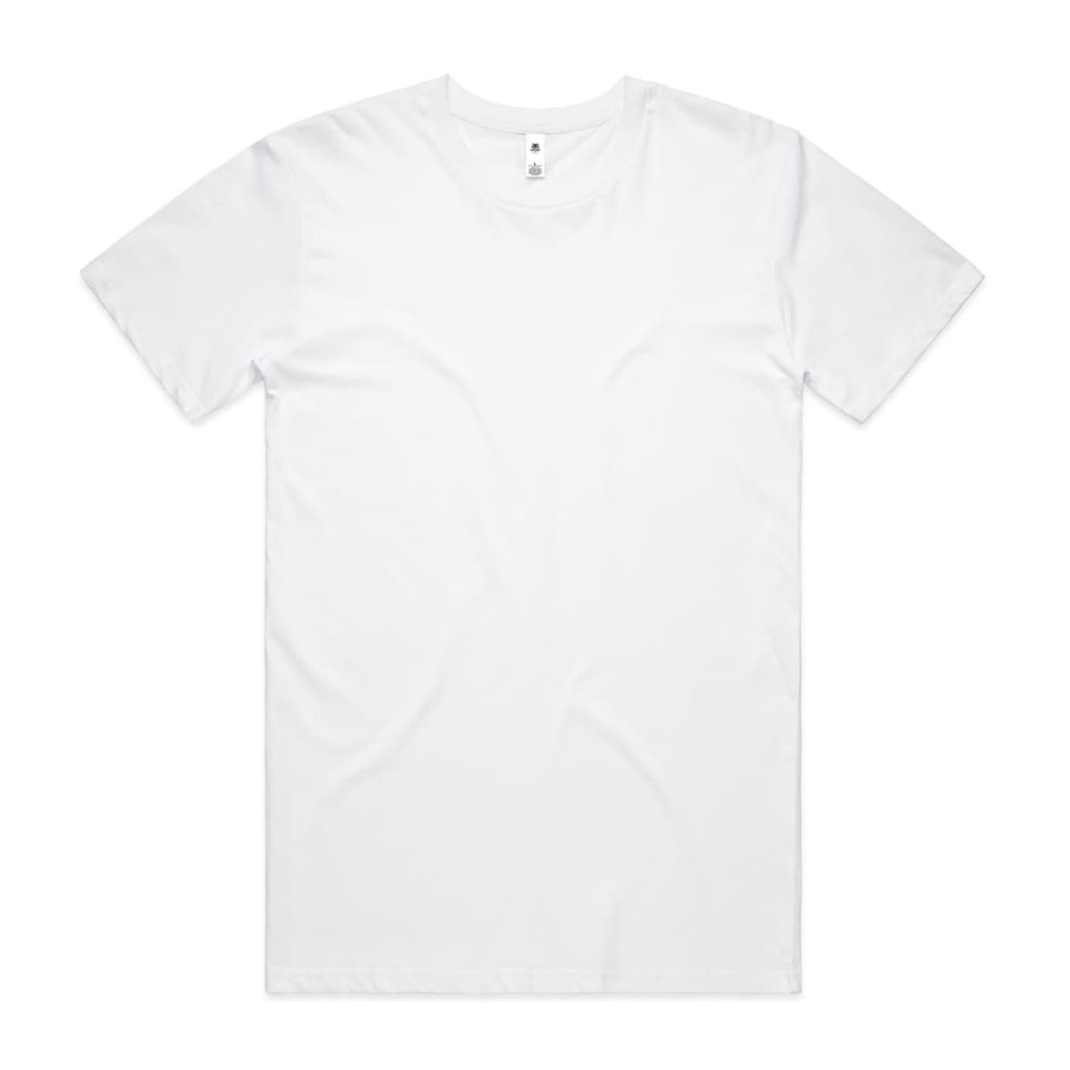 A plain white t-shirt with a round neckline and short sleeves, featuring a logo in the neckline.