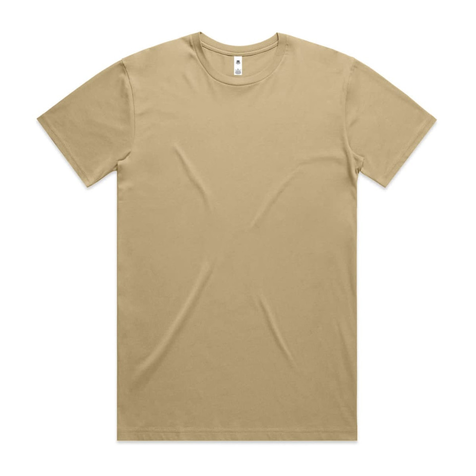A plain beige T-shirt with a round neckline and short sleeves, featuring a logo.