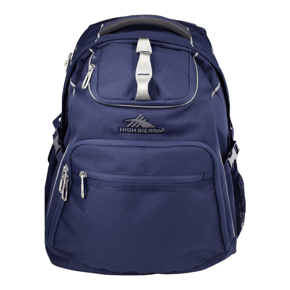 A navy blue backpack with multiple zippered pockets, a mesh side pocket, and a logo on the front.