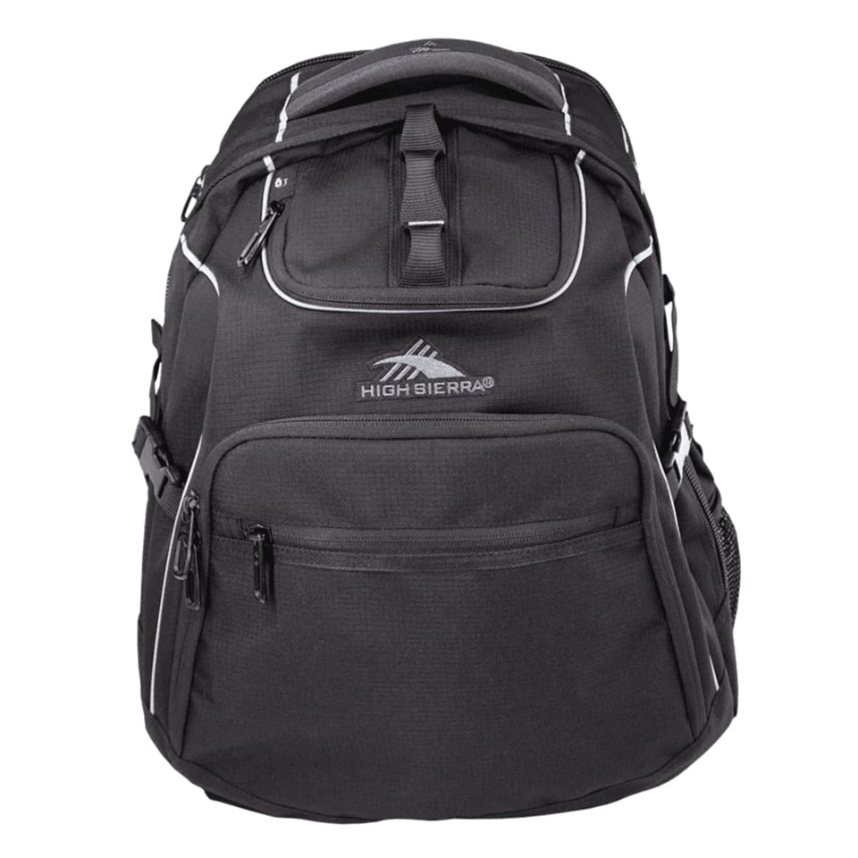 A black High Sierra Access 3.0 Backpack with zippered compartments and a logo on the front.