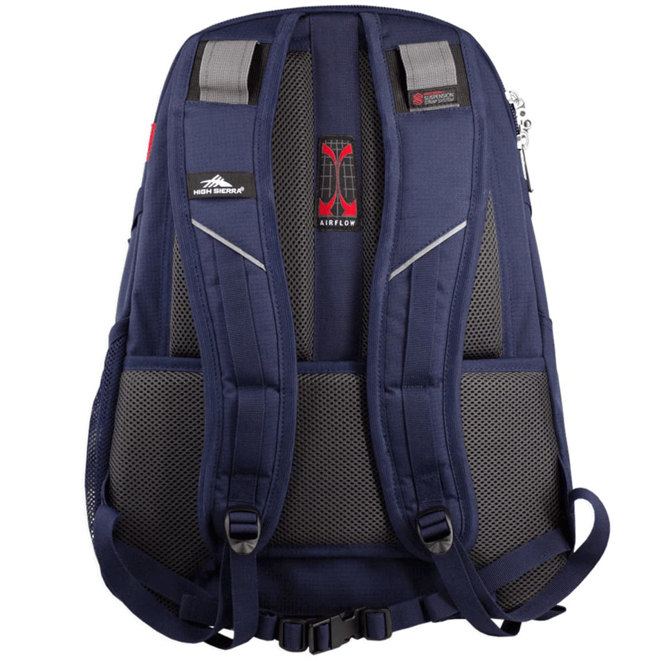 A navy blue backpack with padded mesh straps and a logo, designed for comfort and airflow.