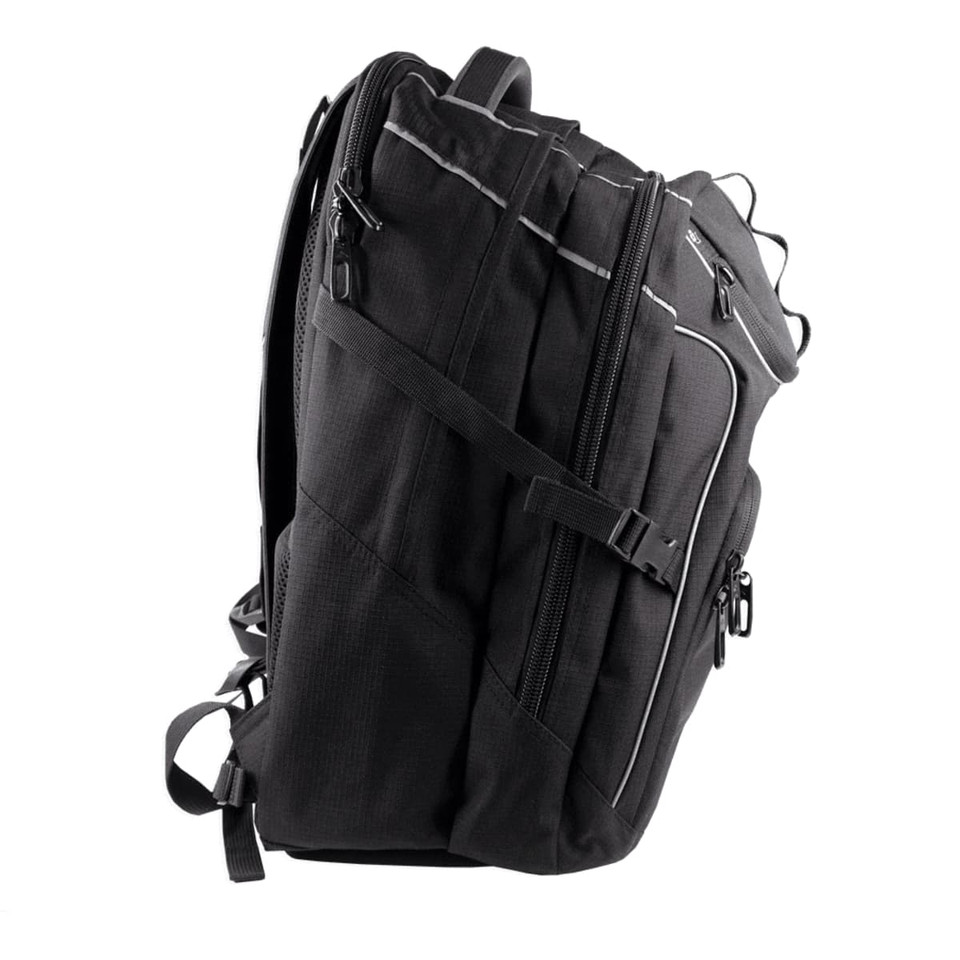 A black high-capacity backpack with multiple zippers and straps, featuring a logo on the side.