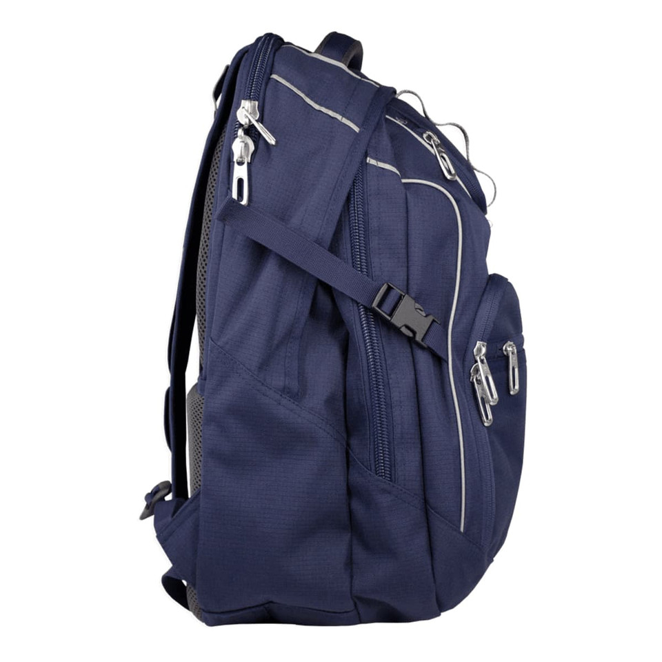 A navy blue backpack with multiple zippered compartments and adjustable straps. It features a logo on the front.
