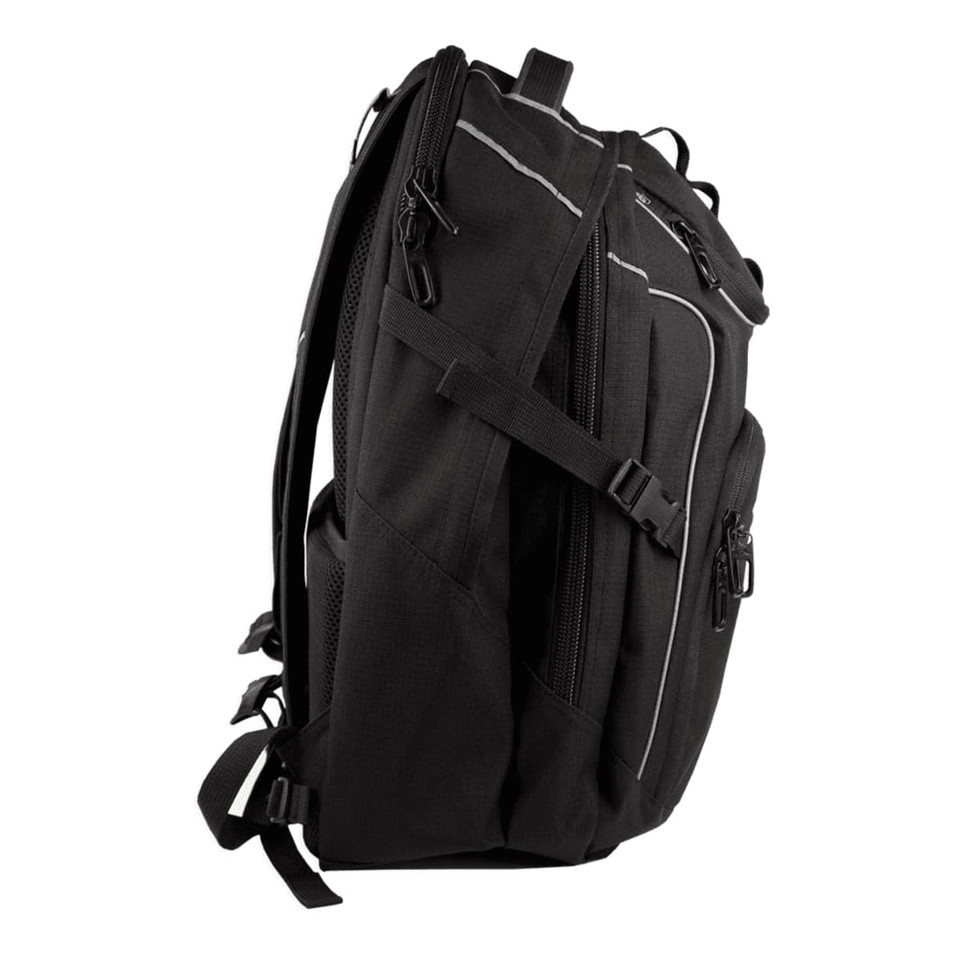A black High Sierra Access 3.0 Backpack 45L with multiple compartments and zippers. It features adjustable straps and has a logo.