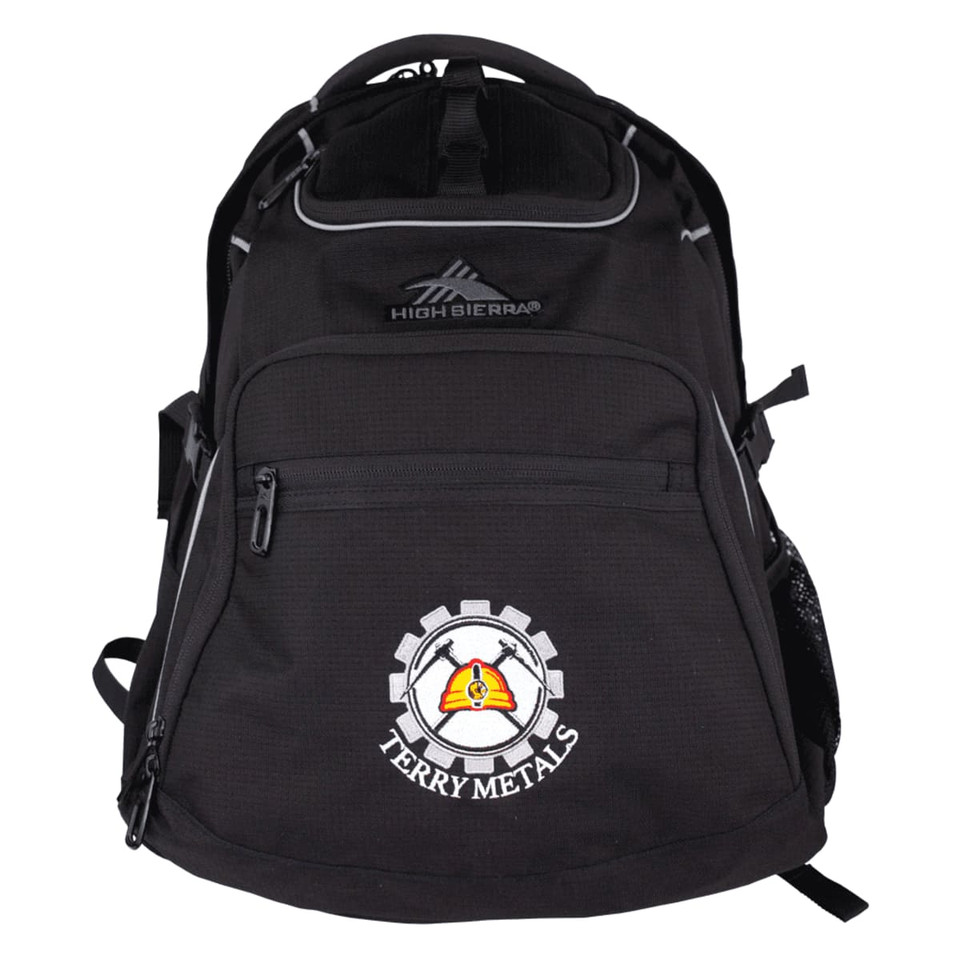 A black backpack featuring multiple compartments, adjustable straps, and a logo on the front.