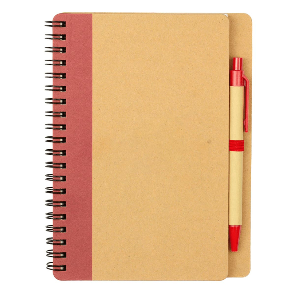 A brown notebook with a red spine and a matching red ballpoint pen attached. The notebook features spiral binding.