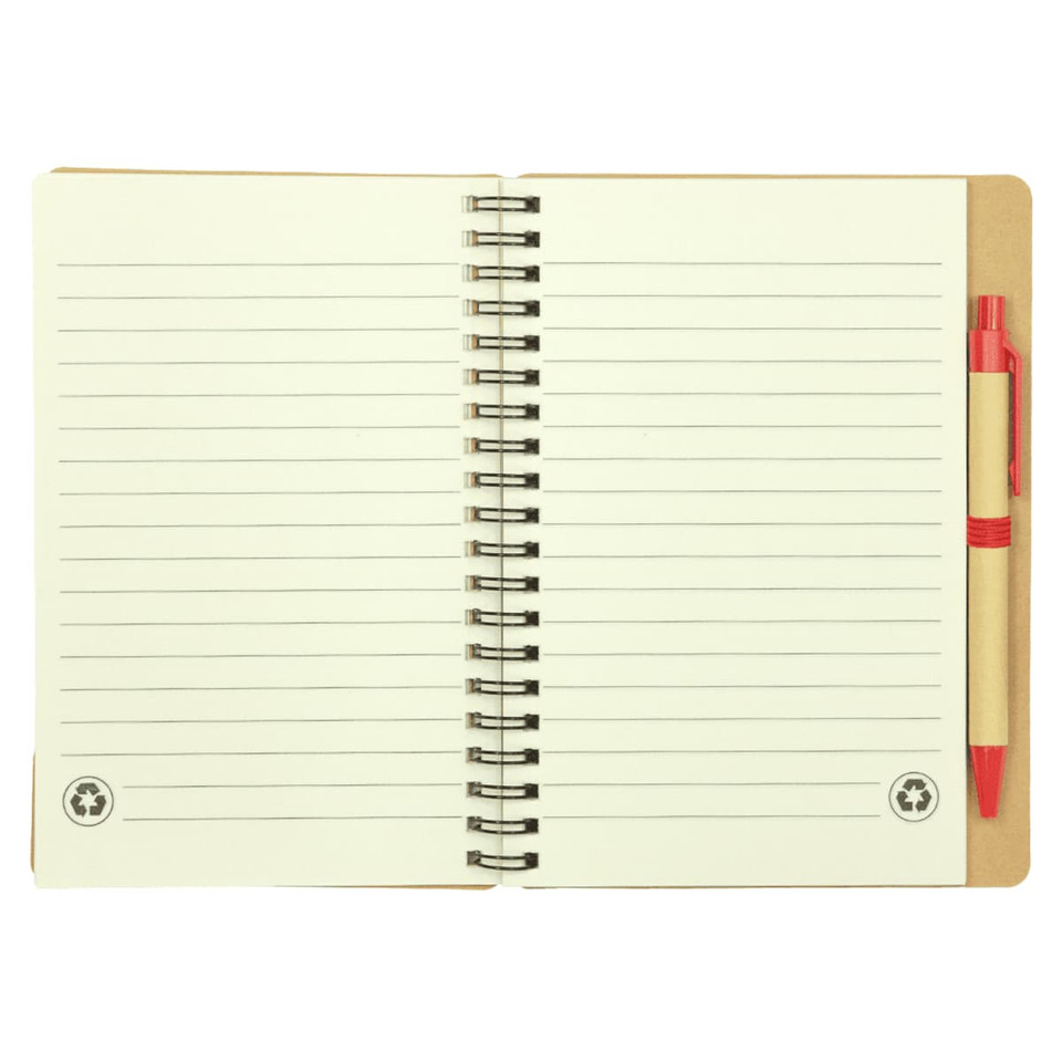 A spiral-bound notebook with lined pages and a red ballpoint pen, featuring a tan cover.