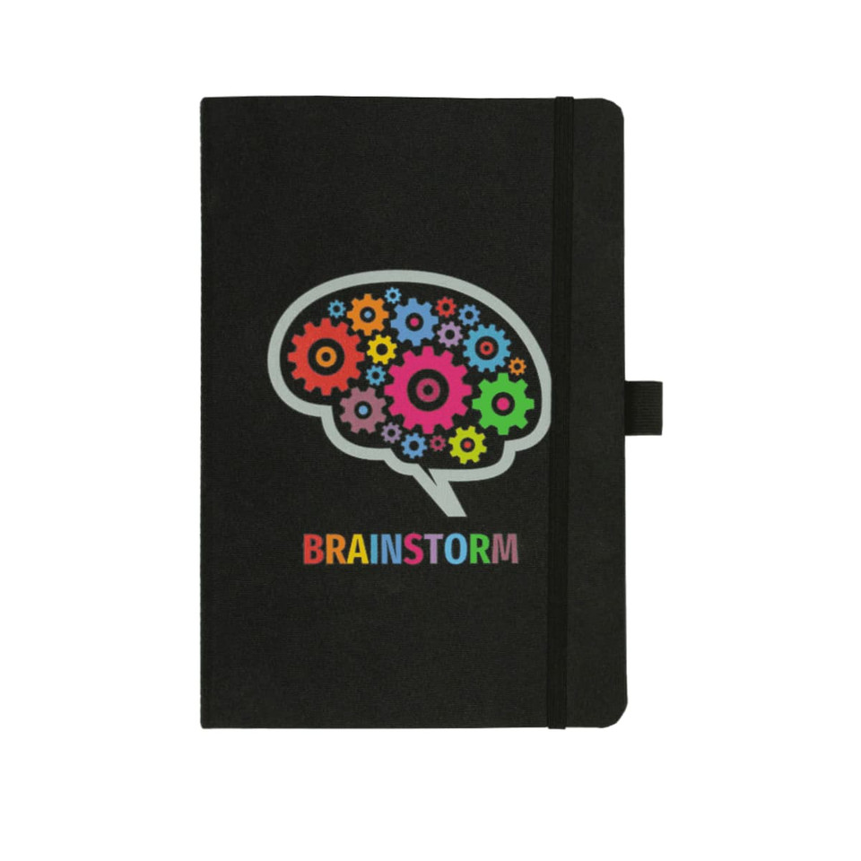 A black journal with a brain graphic featuring colourful gears and a logo, secured with an elastic band.