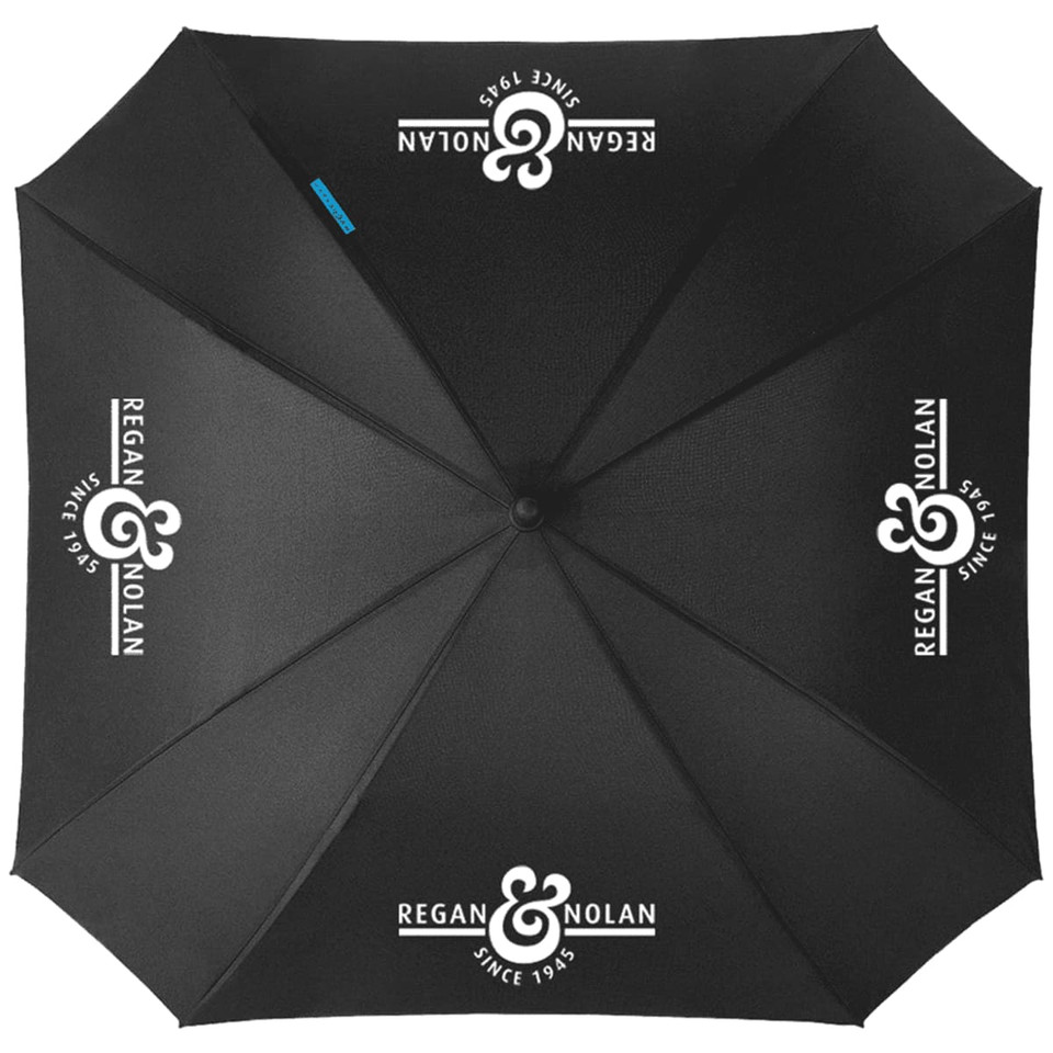 A black automatic umbrella with a sleek design and a logo on its canopy. Ideal for leisure and outdoor use.