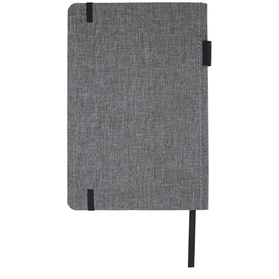 A grey A5 RPET notebook with a textured cover, black elastic closure, and ribbon bookmark. It features a logo.