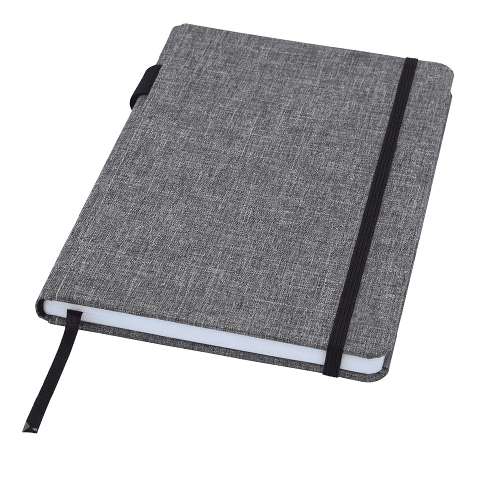A grey A5 notebook with a textured cover, elastic band closure, and bookmark ribbon. Features a branding logo.