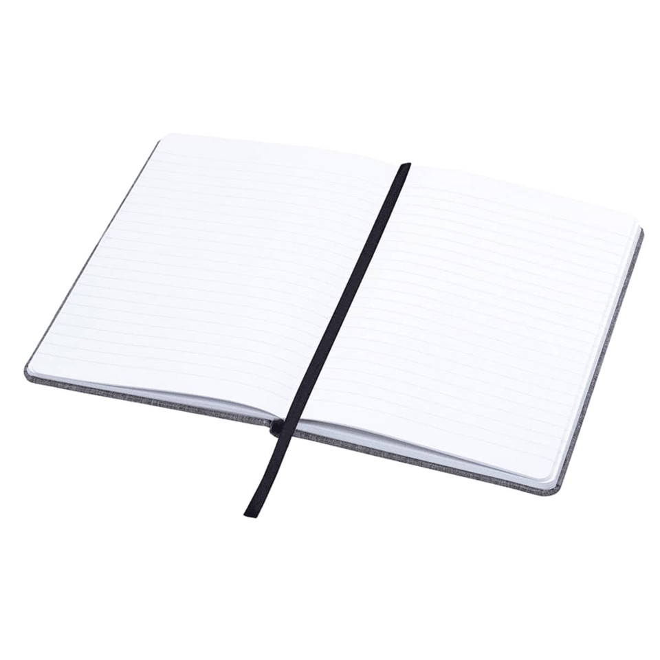 A grey A5 notebook with lined pages and a black elastic band closure, featuring a simple design.