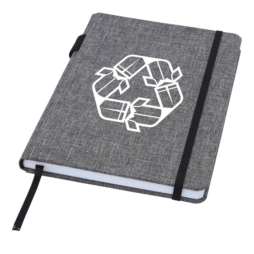 A grey A5 notebook with a black elastic band, featuring a logo on the cover.