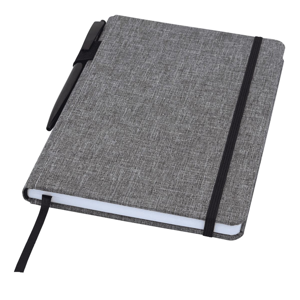 A grey RPET notebook with an elastic band and a black pen, featuring a textured cover and a ribbon bookmark.
