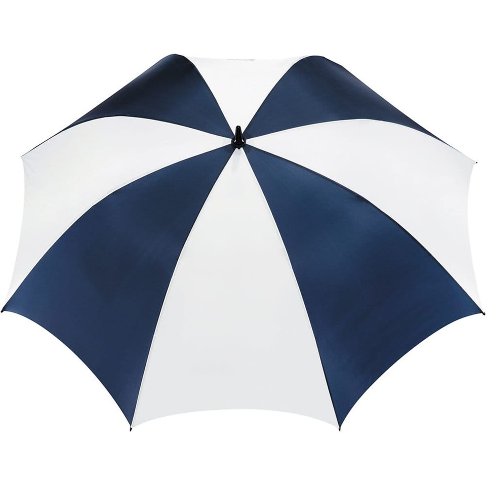 A golf umbrella featuring a navy blue and white striped design, with a sturdy construction and a brand logo.