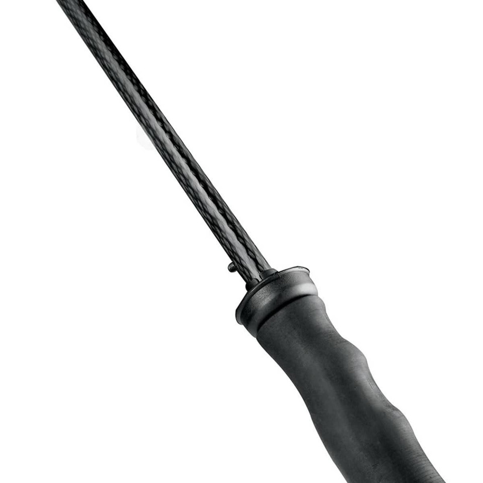 A close-up of a golf umbrella handle with a textured black grip and a sleek shaft. The umbrella has a logo on the handle.