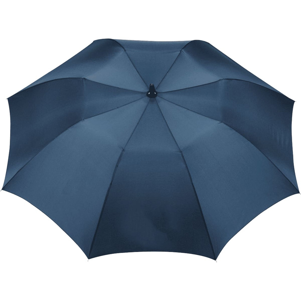 A navy blue golf umbrella with a smooth canopy and a central hub. It features a logo on the handle.