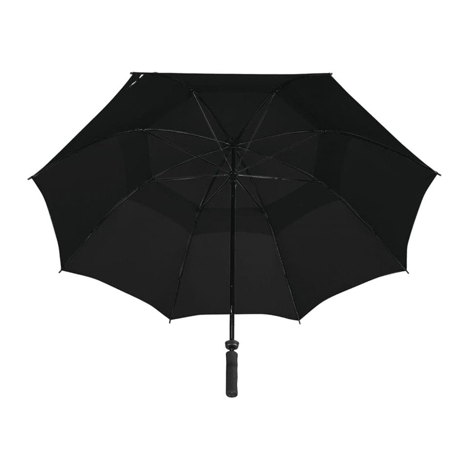 A black vented golf umbrella with a curved handle and multiple segments for extra coverage.