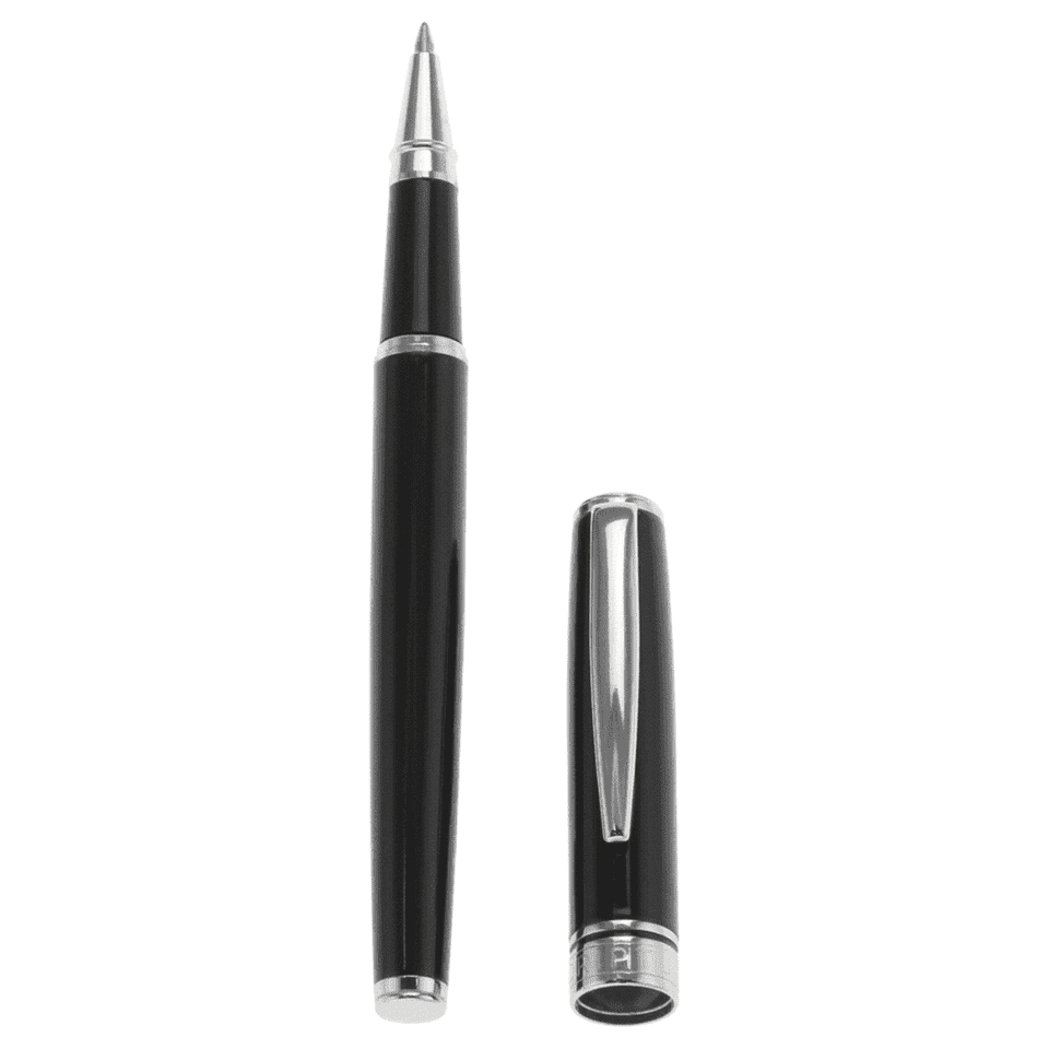 A black metal rollerball pen with silver accents, featuring a detachable cap. It has a logo on the barrel.