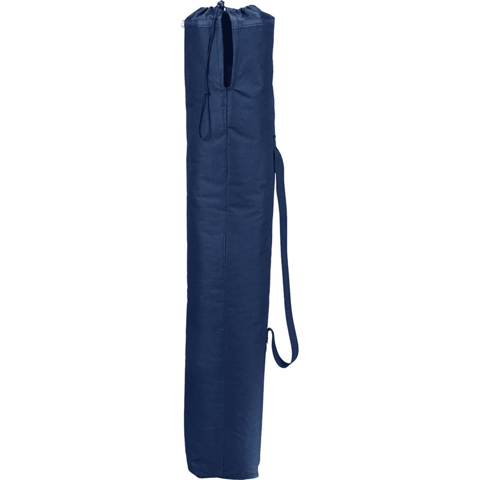 A navy blue oversized folding chair in a protective storage bag with a shoulder strap.