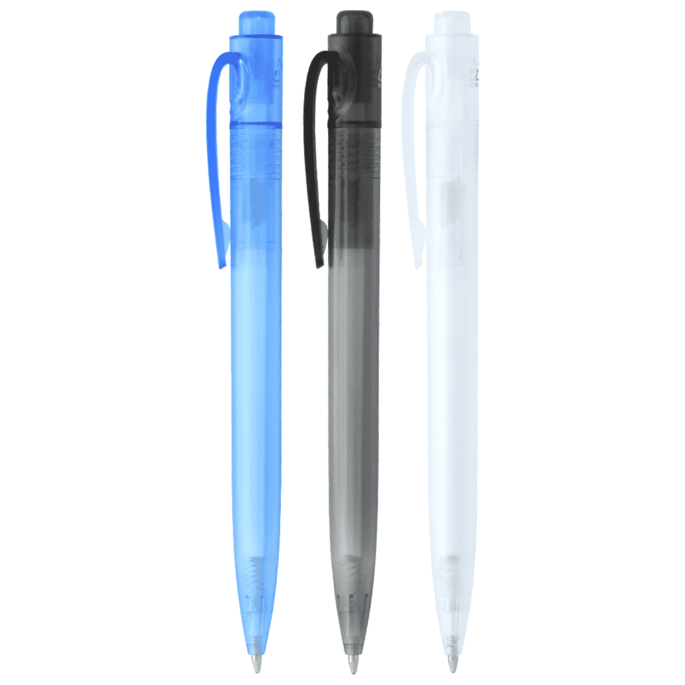 Three ballpoint pens in blue, black, and clear colours, featuring a clip and a logo on each pen.