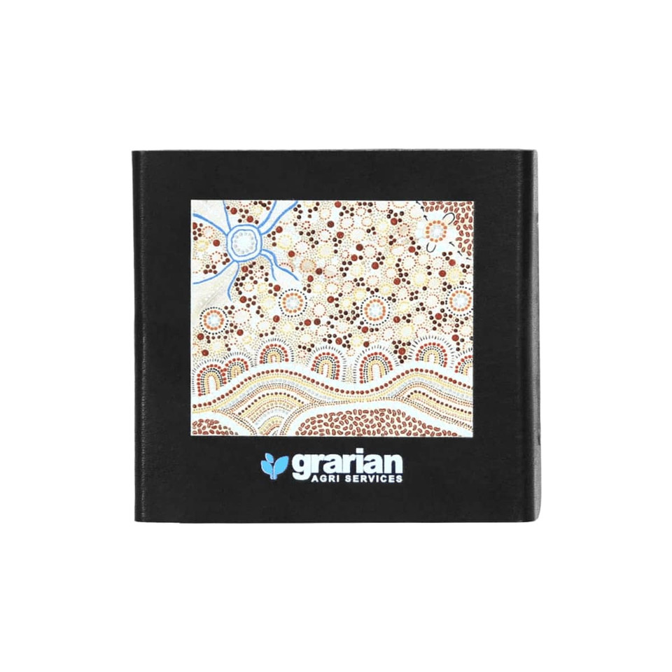 A black folder featuring an artwork design with earthy tones, surrounded by a logo for Grarian Agri Services.