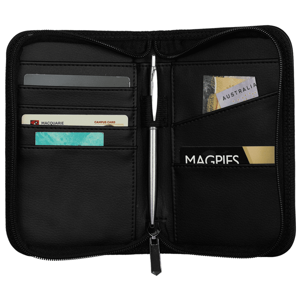 A black RFID-blocking travel wallet with multiple card slots and a pen holder, featuring a logo.