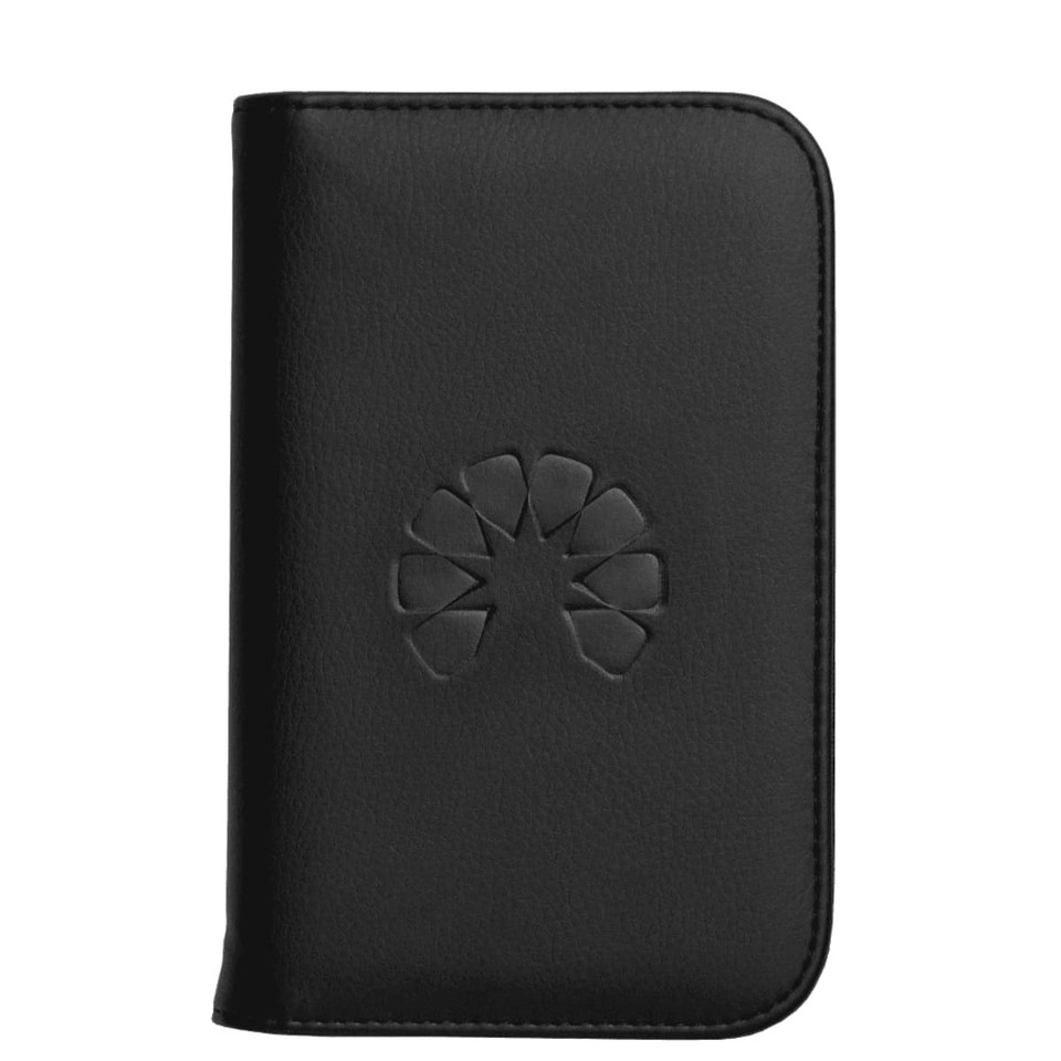 A black recycled travel wallet with RFID blocking feature and an embossed logo on the front.