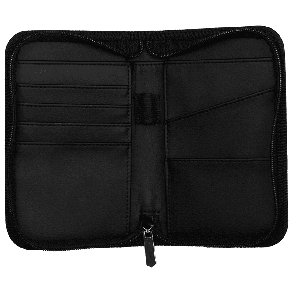 A black recycled travel wallet featuring multiple card slots and a secure zip closure. It includes RFID blocking technology.