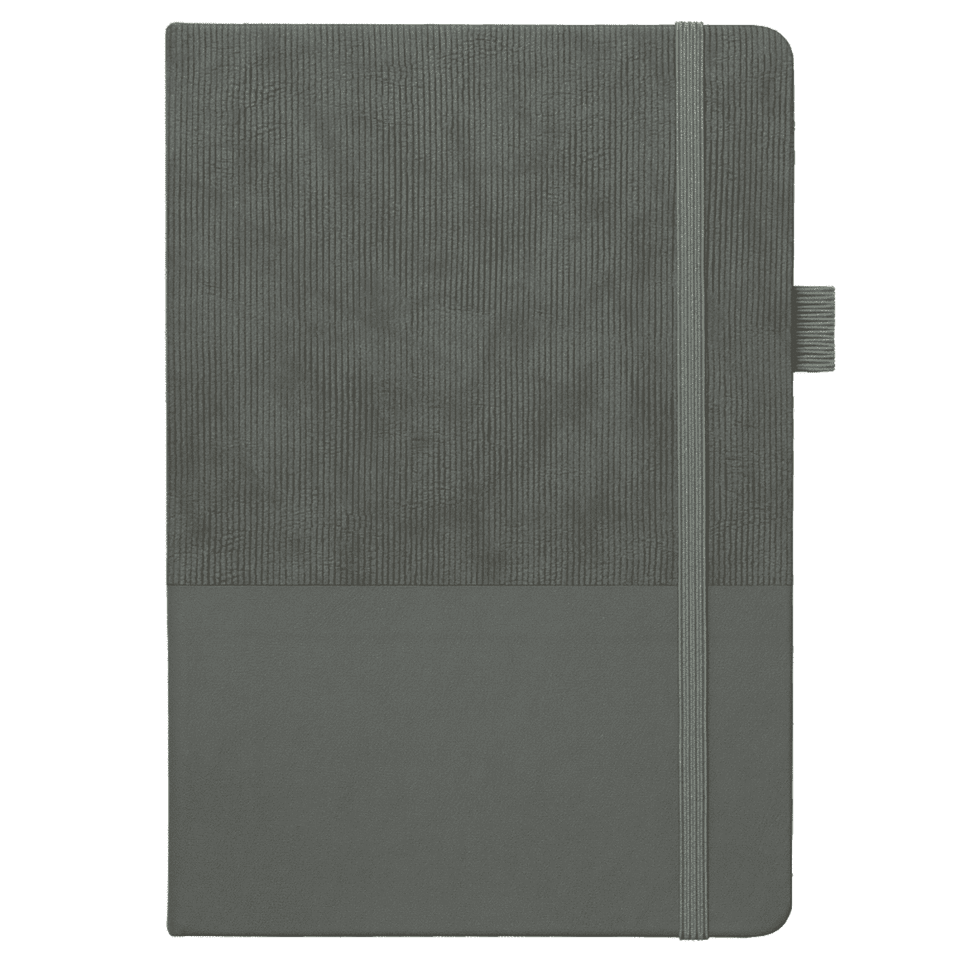 A5 Thermo Notebook featuring a textured grey cover and a matching elastic closure, made with recycled paper.