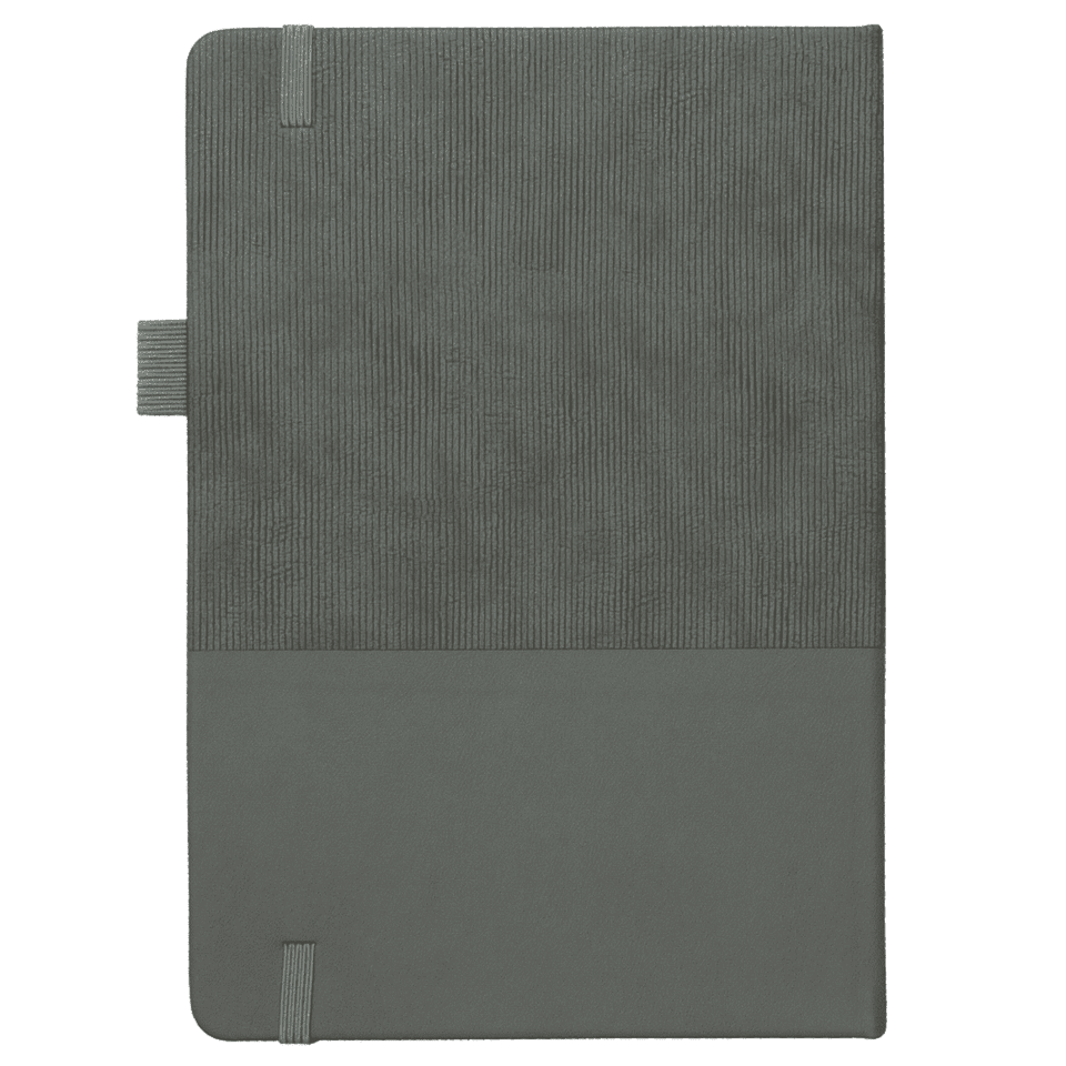 A5 notebook in grey with a textured cover and elastic closure, featuring recycled paper. It includes a logo.