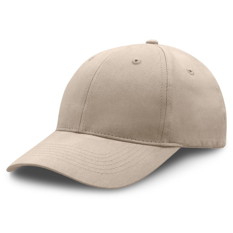 A beige premium soft cotton cap featuring a classic baseball cap design and a logo on the side.