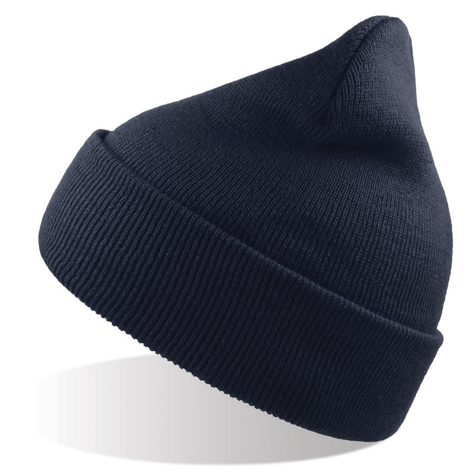 A blue beanie made from recycled polyester with a ribbed texture and a pointed top. It features a branding logo.