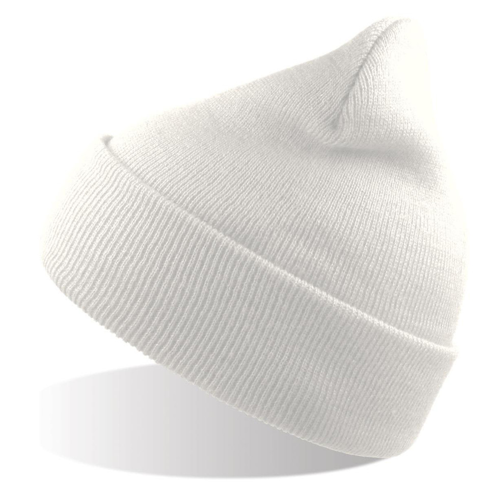 A white beanie made from recycled polyester, featuring a ribbed design and a branded logo.