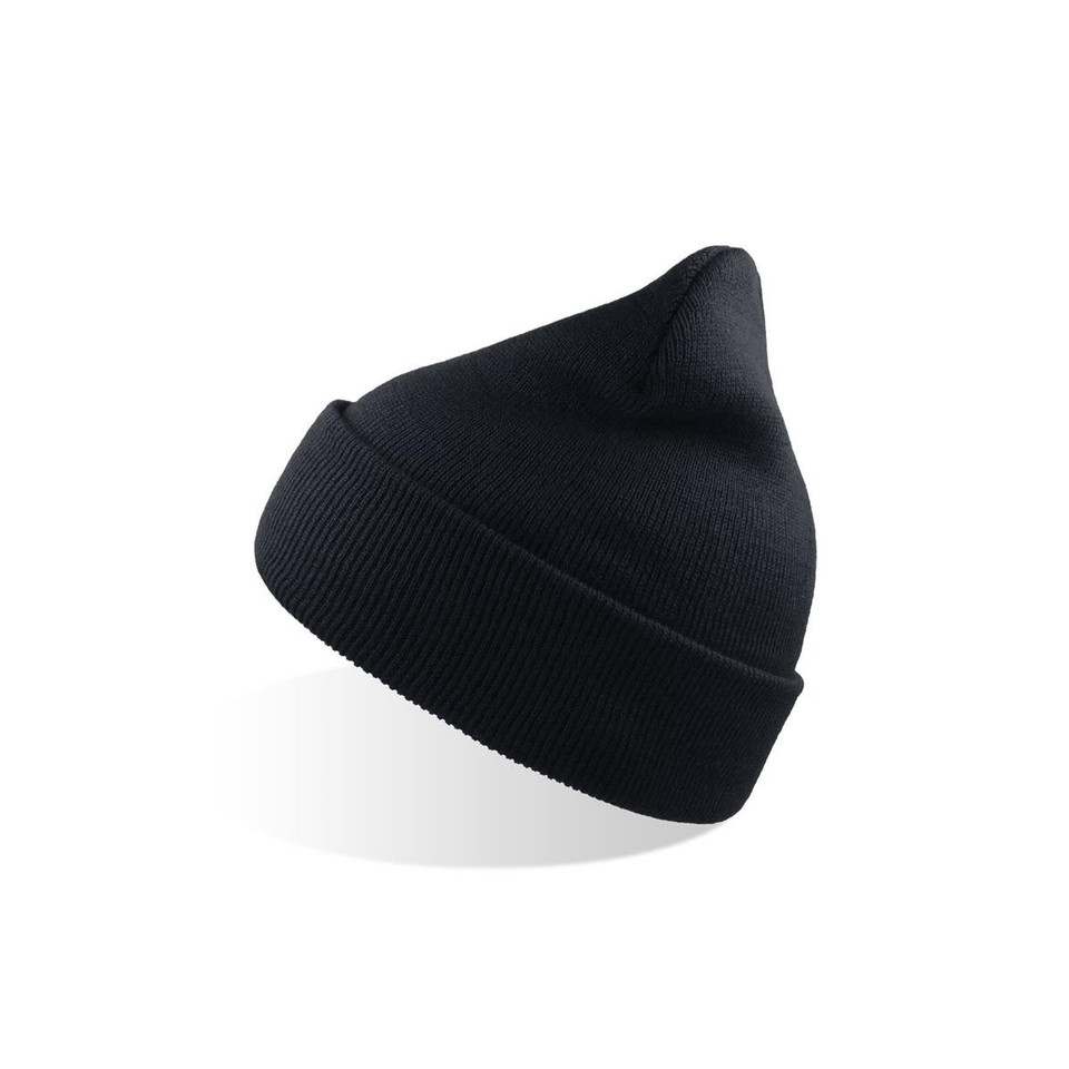 A black beanie made from recycled polyester with a fold-over cuff and a pointed top. It features a logo.