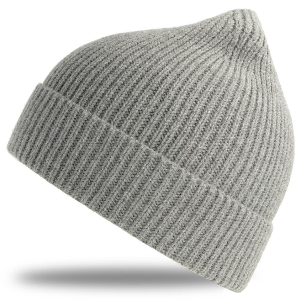 A grey beanie with a ribbed texture and a pointed top. Features a logo on the side.