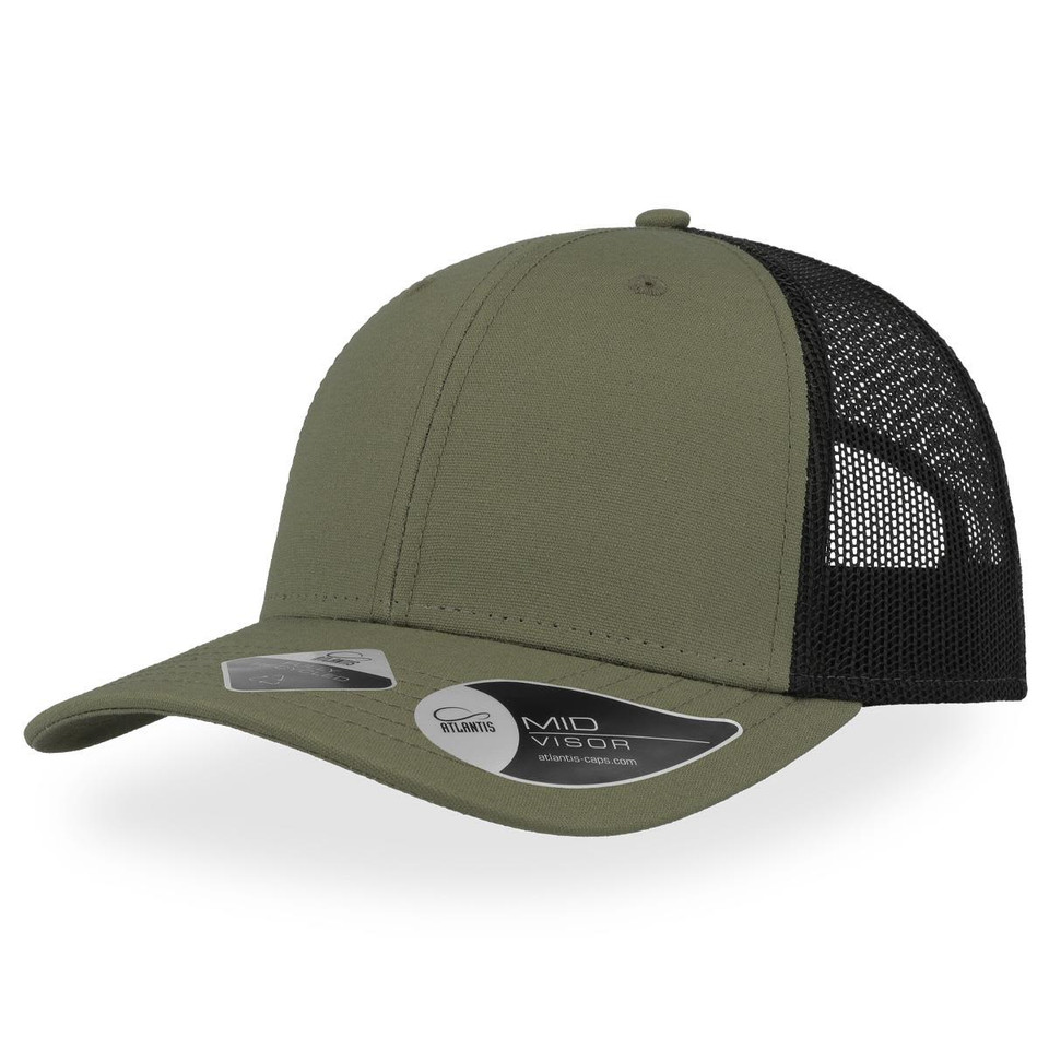 A green cap with a black mesh back, featuring a rounded visor and a branded tag on the side.