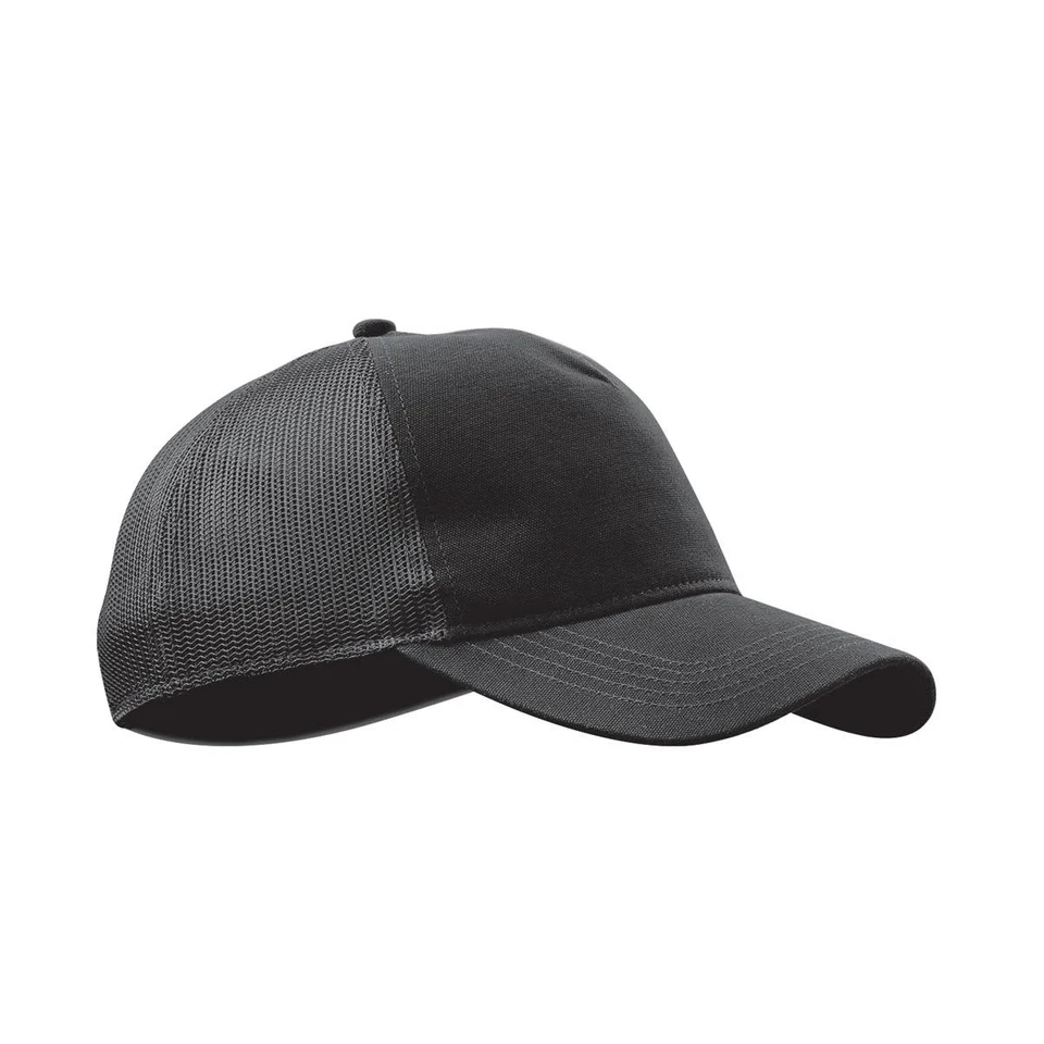 A black trucker cap featuring a solid front and mesh back, complete with a branding logo.