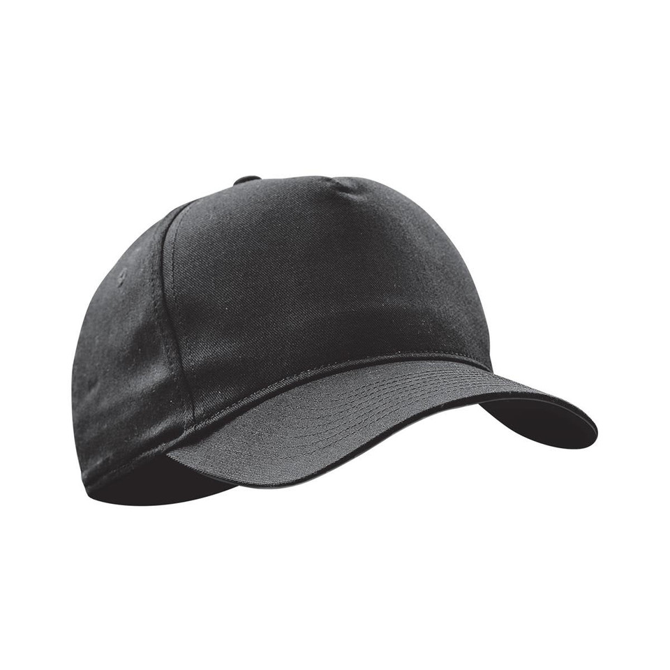 A black cap with a curved brim and a seamless design, featuring a logo on the front.