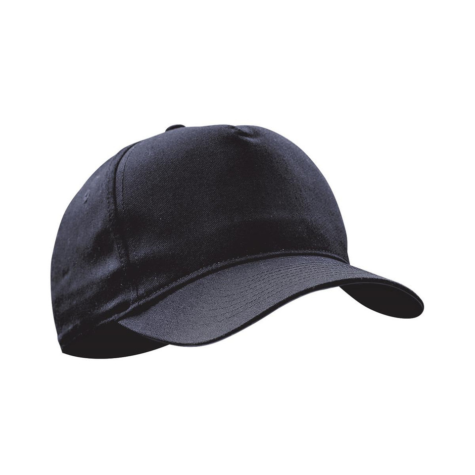 A black cap with a curved brim and an enclosed back, featuring a logo on the front.