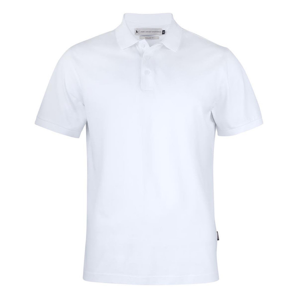 A white men's polo shirt with a collar and a logo on the side.