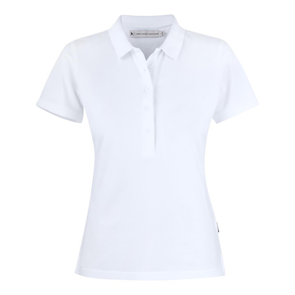 A white women's polo shirt with a collar and a button closure, featuring a logo on the side.