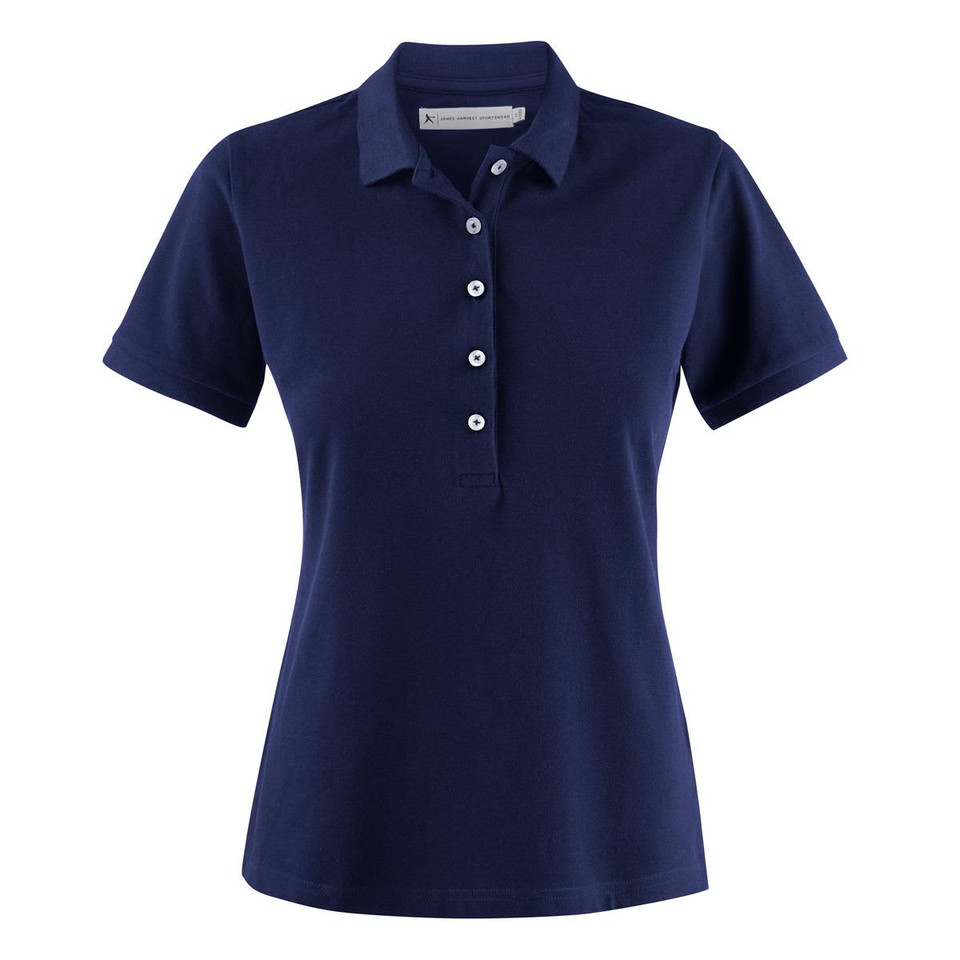 A polo shirt for women in navy blue with a classic button placket and a collar. It features a logo.