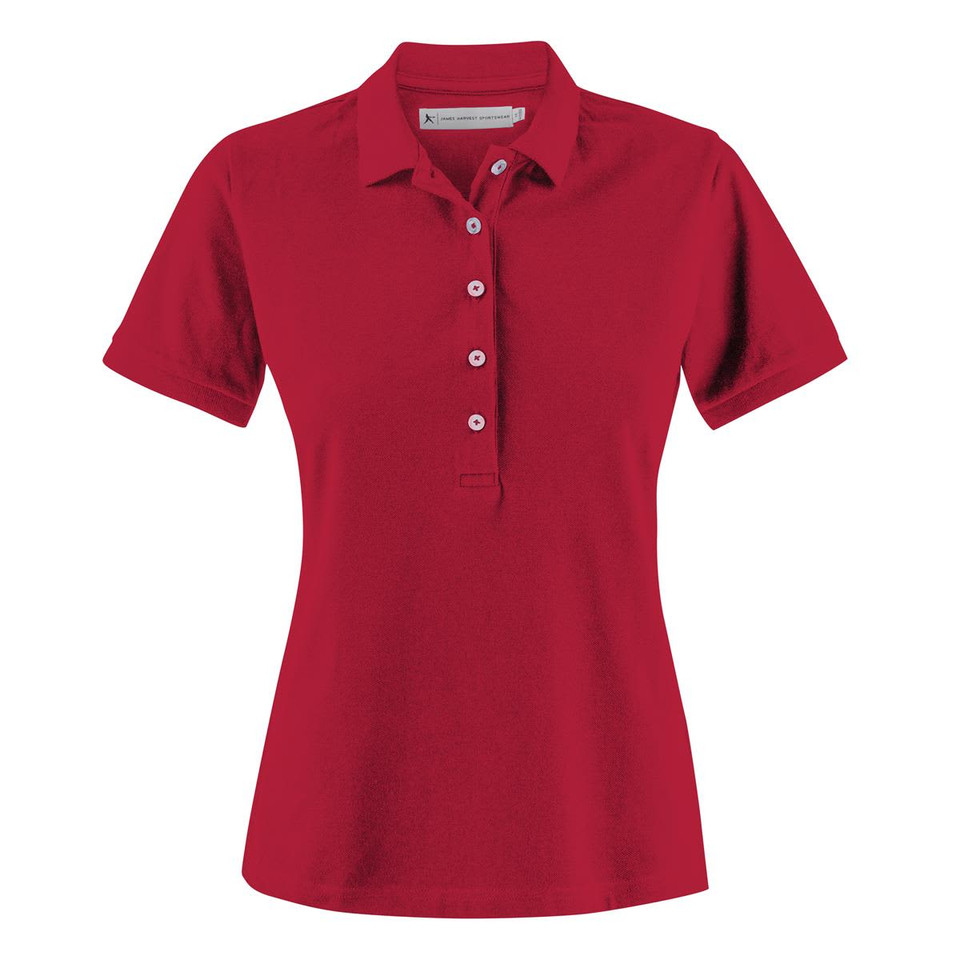 A red women's polo shirt with short sleeves and a buttoned placket. It has a logo on the side.